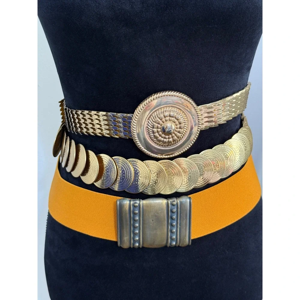 Vintage Gold Tone Metal Coin Scale Link and Mustard Yellow Elastic Belt Set 3pc